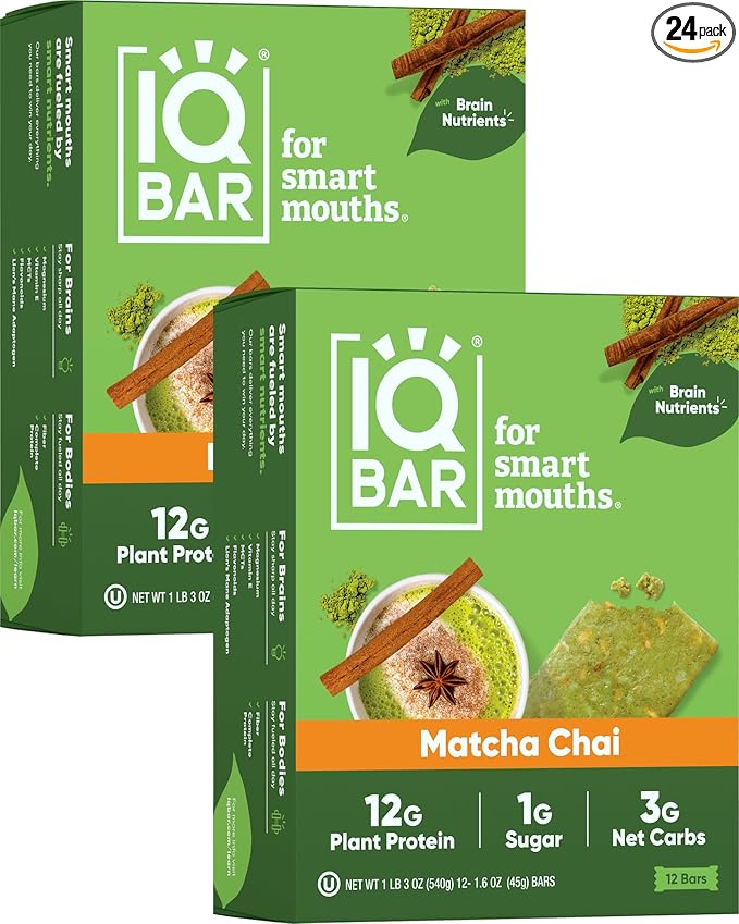 IQBAR Brain and Body Plant Protein Bars - Matcha Chai - 24-Count Low Carb - Gluten Free, High Fiber, Vegan Snacks - Low Sugar Meal Replacement