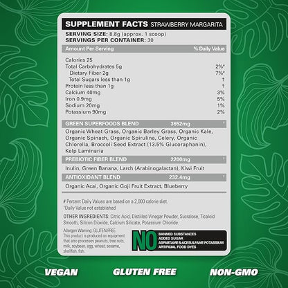 EHP Labs OxyGreens Super Greens Powder - Spirulina & Chlorella Superfood, Green Juice Powder & Greens Supplements with Prebiotic Fibre, Antioxidants & Immunity Support, 30 Serves (Strawb. Margarita)