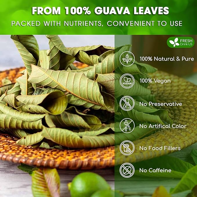 FreshDrinkUS, Premium 50+ Natural Guava Leaves, Whole Dried Leaves, 100% Pure, Natural Guava Loose Leaf Herbal Tea, Non GMO, No Additives, No Caffeine, Vegan