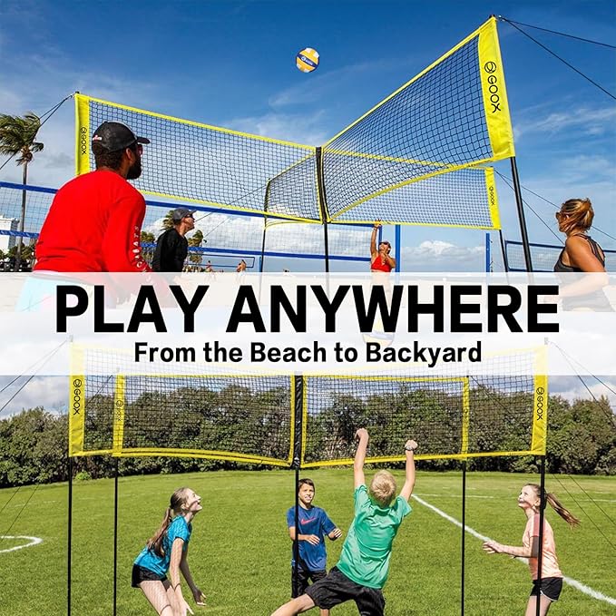 GOOX 4 Square Volleyball Net Game Set, 14 FT 4-Way Volleyball Net for Backyard Beach Lawn, Portable Four Square Volleyball Net for Adults & Youths with Vollyball, Pump, Carry Bag