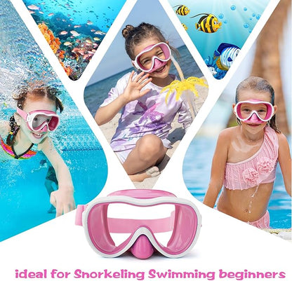 Kids Swim Goggles 180° Snorkel Diving Mask with Nose Cover, Anti-Fog Kids Swimming Goggles with Elastic Fabric Strap for Kids Boys Girls