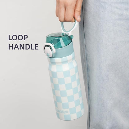 Insulated Water Bottle with Straw and Carry Loop,18 oz Stainless Steel Double Wall Vaccum Metal Water Flask with Leak-proof Lid,Blue White Plaid