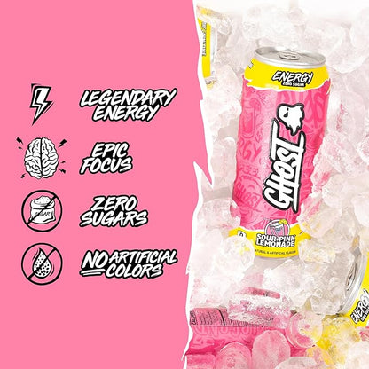 GHOST Energy Drink - 12-Pack, Sour Pink Lemonade, 16oz Cans - Energy & Focus & No Artificial Colors - 200mg of Natural Caffeine, L-Carnitine & Taurine - Gluten-Free & Vegan