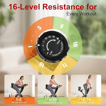BARWING Stationary Exercise Bike for Home Workout, 5 IN 1 Foldable Indoor Cycling Bike for Seniors, 350LB Capacity, 16-Level Magnetic Resistance, Seat Backrest Adjustments
