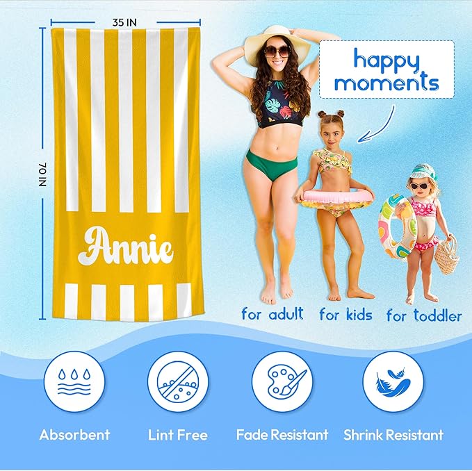 JML Personalized Beach Towel with Name, Custom Cabana Stripe Beach Towel, Customized Microfiber Pool Towel, Quick Dry & Absorbent Swim Towel for Adult,Mother's Day, Birthday, Summer Holiday,Vacation