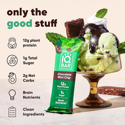 IQBAR Brain and Body Plant Protein Bars - Chocolate Mint Chip - 12-Count Low Carb - Gluten Free, High Fiber, Vegan Snacks - Low Sugar Meal Replacement