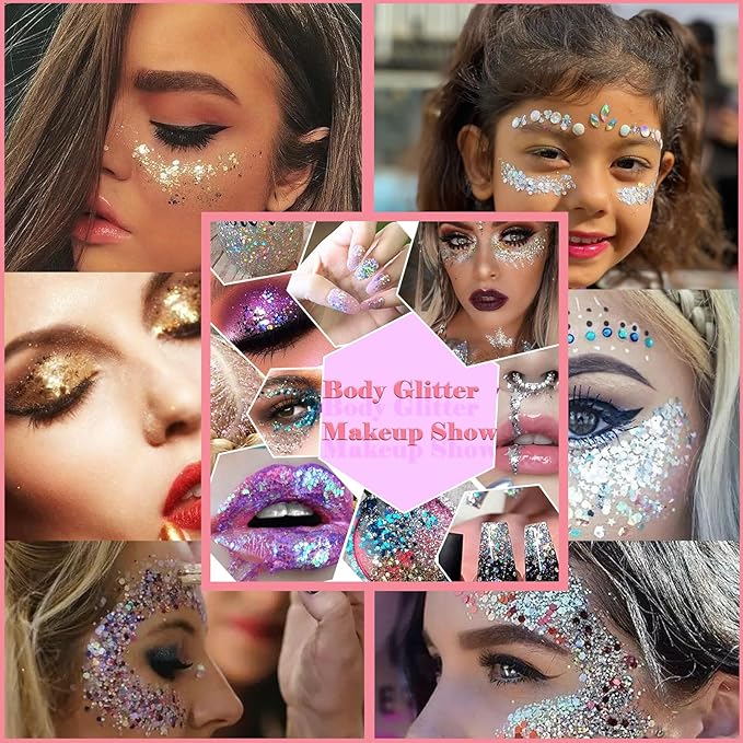 Body Glitter Face Glitter Gel: Singer Concerts Disco Festival Rave Accessories Face Glitter Makeup 150ml Chunky Sequins Mermaid Face Body Hair Glitter Gel (Green&White&Pink)