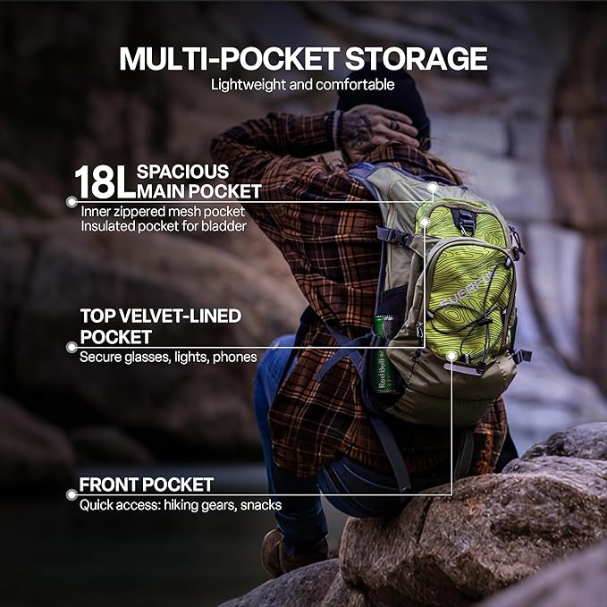 Everfun Hydration Backpack 18L with Water Bladder 2L/3L Hiking Water Backpack Women Men Hydration Pack Insulated Lightweight Day Hydropack with Storage for Hiking, Biking, Running, Festival