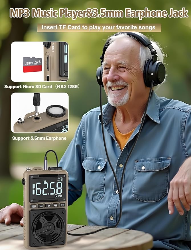 Bluetooth AM FM Shortwave Radio with NOAA Weather Alert,1250mAh Rechargeable Portable Pocket Radio with Best Reception,5W Big Speaker, Digital Tuner and Earphone,Support SD Card and USB Player（Brown）