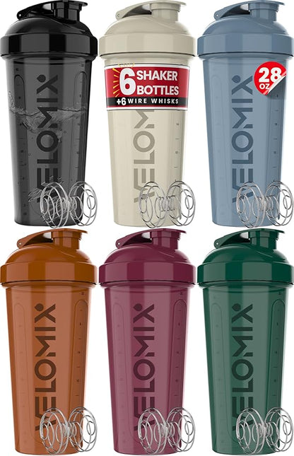 '-6 PACK- 28 oz Protein Shaker Bottle for Protein Mixes - 6x Wire Whisk | Leak Proof Shaker Cups for Protein Shakes | Protein Shaker Bottle Pack | Protein Shake Cup (Earth Tones Collection)