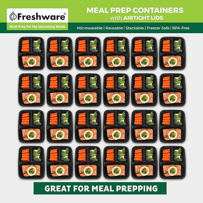 Freshware Meal Prep Containers 21 Count (Pack of 1), 3 Compartment with Lids, Food Storage Containers, Bento Box, Stackable, Microwave/Dishwasher/Freezer Safe (24 oz)