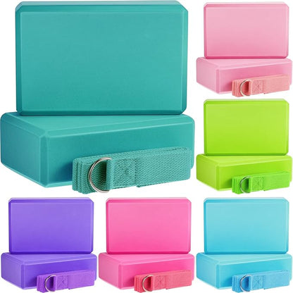 Meooeck 18 Pcs Yoga Block and Strap Set 9 x 6 x 3 Inch EVA Foam Non Slip Brick 8 ft Yoga Straps for Stretching D Ring Design for Back to School Pilates Fitness Workout Exercise