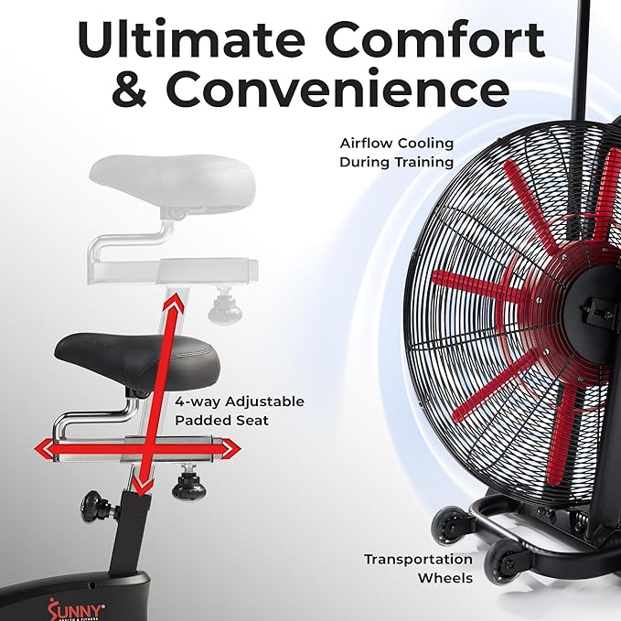 Sunny Health & Fitness Premium Smart Cross-Training Fan Bike, Air Resistance Cardio Machine w/330lb Capacity for Intensive Home Workout, Customizable Monitor w/Free SunnyFit App Connection-SF-B223018