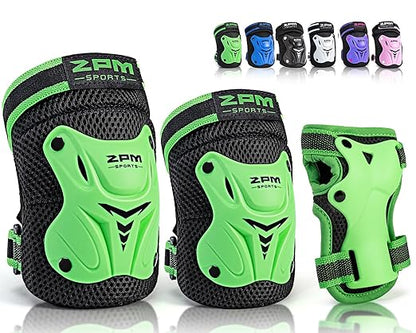 2PM SPORTS Knee Pads for Kids, Wrist Guards Knee and Elbow Pads Set with Drawstring Bag, Protective Gear Set for Girls Boys Roller Skating Cycling Skateboard - Green Small