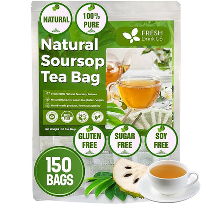 FreshDrinkUS, 150 Premium Soursop Graviola Leaf Tea Bags, 100% Natural and Pure, Hand-made, Made With Natural Materials-Corn Fiber Tea Bag, Sugar/Caffeine/Gluten Free, Hoja Guanabana Tea