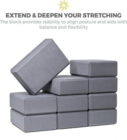 Sunshine Yoga 3" Yoga Block, 10 Pack Bulk EVA Foam Yoga Blocks, Firm and Supportive Yoga Brick, Balance Foam for Stretching, Pilates, and Workout, 3" x 6" x 9"