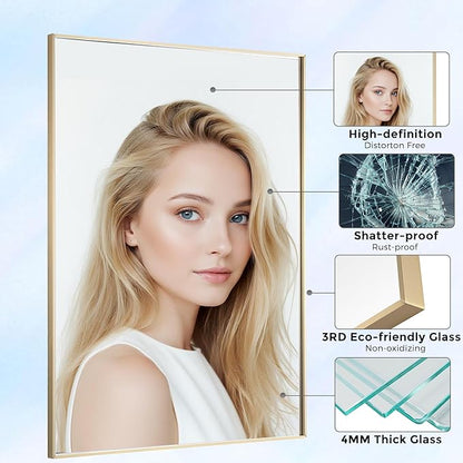 30x40 Inch Brass Bathroom Mirror for Wall, Aluminum Frame Rectangle Rectangular Vanity Mirror, Modern Large for Bedroom, Living Room, Horizontal or Vertical