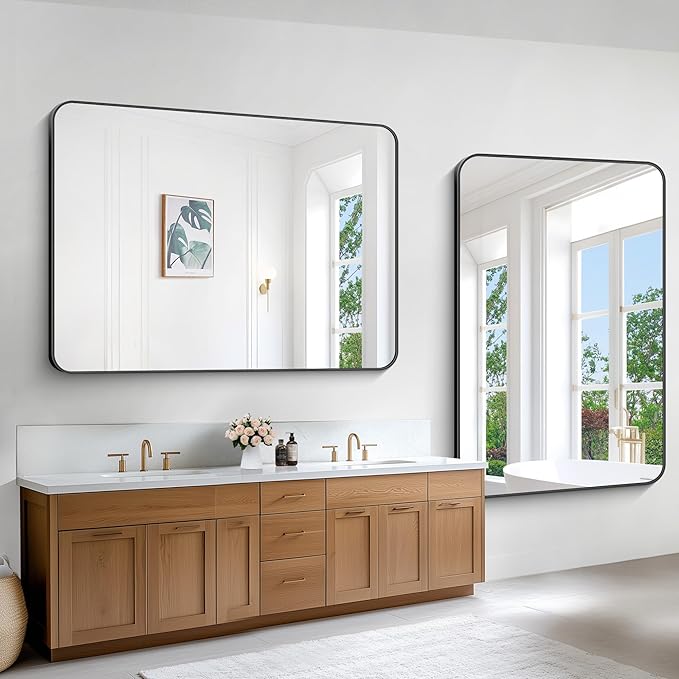 Black Bathroom Mirror,60x40 inch Wall Mirror for Bathroom Wall Mounted,Rectangle Mirror for Bathroom Over Sink,Modern Frame Round Corner for Living Room,Bedroom Entryway,Horizontal/Vertical