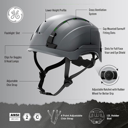 GE Safety Helmet: ANSI Type 2 Class G & E, Advanced Impact Technology, Ultra Comfortable Memory Foam, Heat Stress Reduction, Compatible with Accessories, Adjustable Size OSHA Approved