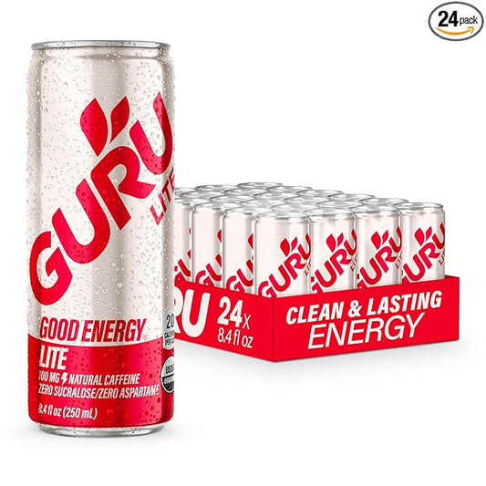 GURU Lite Organic Energy Drinks, Clean Energy Drink with Plant Based Natural Caffeine from Green Tea, Low Calorie, Gluten Free and Vegan, 100MG Caffeine, Healthy Drinks, 8.4oz (Pack of 24)