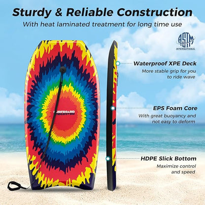 KOTEK 33/37/41 Inch Body Board with Wrist Leash, EPS Core, Dual Channel, HDPE Slick Bottom, Bodyboard for All Skill Levels & Wave Conditions