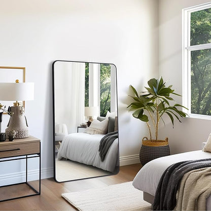 FORBATH Large Bathroom Mirror 36 x 55 Inches，Black Large Wall Mirror Aluminum Frame Wall Mounted Rounded Corner Morndern Mirror for Bathroom Bedroom Entryway Living Room