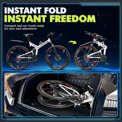 26 Inch Folding Mountain Bike, 21 Speed Full Suspension Bicycle with High-Carbon Steel, Dual Disc Brake Non-Slip Quick Release tire Folding Bicycle for Adults/Men/Women