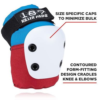 187 Killer Pads Knee Pads, Elbow Pads Combo Pack, Red/White/Blue, Small/Medium