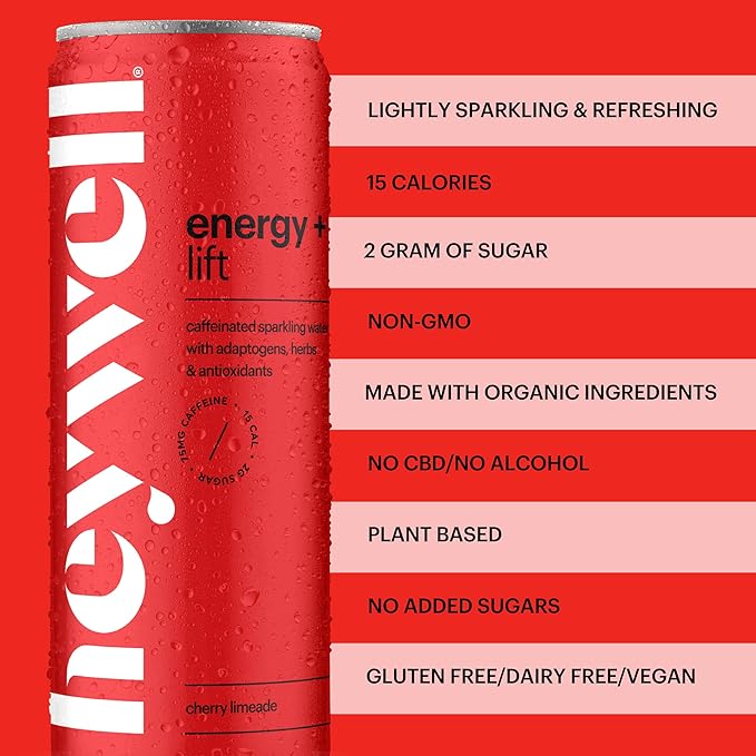 Heywell Sparkling Adaptogenic Water Energy and LIft, Cherry Limeade Flavor 12 Fluid Ounce (Pack of 12) - Caffeinated, Organic, Non GMO, Vegan, Gluten Free, Dairy Free