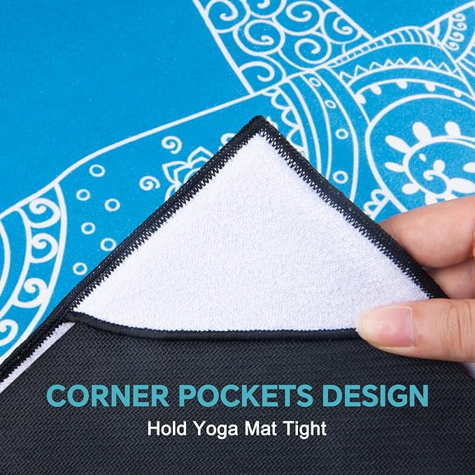 QiyI Yoga Mat Towel with Corner Pockets, Non Slip Sweat Absorbent Hot Yoga Towels, Soft Yoga Blankets with Travel Bag, Skidless Mat Cover for Workout, Gym, Fitness - 70"x26", Blue Mandala Elephant