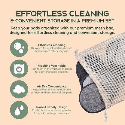 Greenzla Reusable Makeup Remover Pads Premium Set, 12 Pack Microfiber Cotton Pads, Charcoal Cotton Rounds, Bamboo Terry Face Wipes for All Skin Types with Mesh Laundry Bag and Bamboo Storage