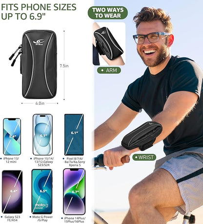 HiRui Arm Bag & Wrist Bag Phone Holder, Sports Running Armband for Gym, Cycling & Workout, Compatible with iPhone 16/15/14 Series, Samsung Galaxy & More, Reflective, Adjustable, Secure Fit (Black)