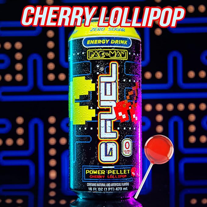 G Fuel Energy Drink, Cherry Lollipop, Sugar Free Beverage with 140mg Caffeine, Daily Energy Boost with Focus Amino, Vitamin + Antioxidants, 16 oz Cans (Pac-Man Power Pellet, 12-Pack)