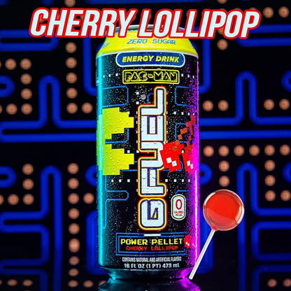 G Fuel Energy Drink, Cherry Lollipop, Sugar Free Beverage with 140mg Caffeine, Daily Energy Boost with Focus Amino, Vitamin + Antioxidants, 16 oz Cans (Pac-Man Power Pellet, 12-Pack)