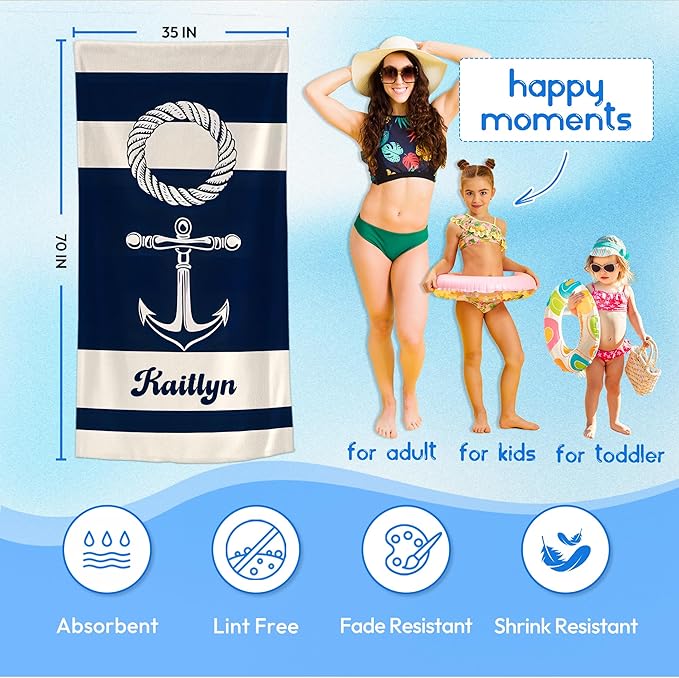 JML Personalized Beach Towel with Name, Custom Anchor Beach Towel, Customized Microfiber Pool Towel, Quick Dry & Absorbent Swim Towel for Adult,Mother's Day, Birthday, Summer Holiday,Vacation