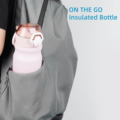 Insulated Water Bottle with Straw and Carry Loop,18 oz Stainless Steel Double Wall Vaccum Metal Water Flask with Leak-proof Lid,Cherry