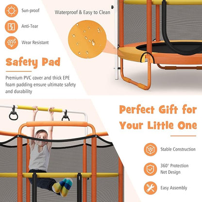 GYMAX 5FT Trampoline for Kids, ASTM Approved with Safety Net & Kitten Trapeze Rings, Indoor/Outdoor