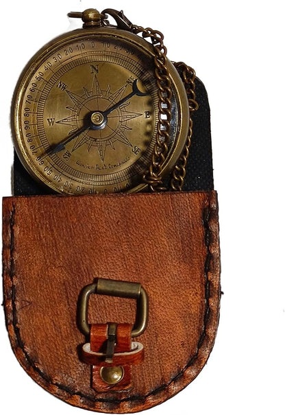 2 Inch Brass Compass With Chain Leather Case