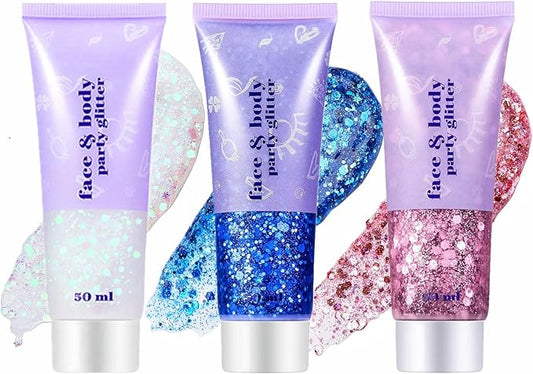 Go Ho White Pink and Blue Body Glitter Set,Singer Concerts Face Glitter Gel Makeup,Holographic Long Lasting Chunky Sequins Glitters for Eye Lip Hair Nails,Festival Rave Accessories
