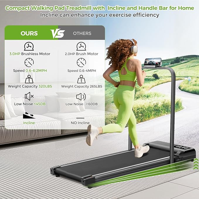 Walking Pad with Incline and Handle Bar, 3.0HP Portable Electric Walking Pads Treadmill with Handles for Home Small Spaces, 0.6-6.2 MPH Compact Small Under The Desk Treadmills Home, 320LBS Capacity