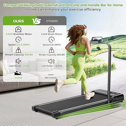 Walking Pad with Incline and Handle Bar, 3.0HP Portable Electric Walking Pads Treadmill with Handles for Home Small Spaces, 0.6-6.2 MPH Compact Small Under The Desk Treadmills Home, 320LBS Capacity