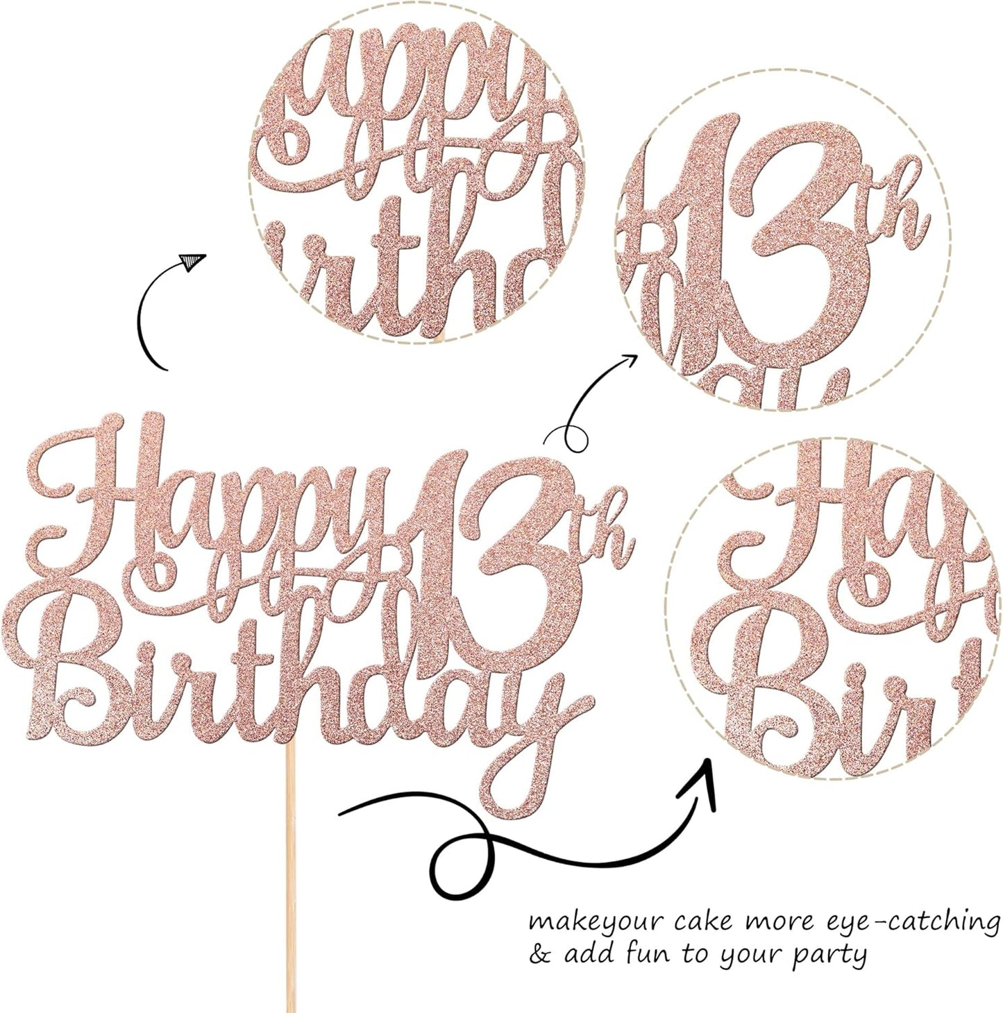 1 PCS Happy 13th Birthday Cake Topper Glitter Cheers to 13 Years Birthday Cake Pick Official Teenager 13 Fabulous Cake Decoration for Happy 13th Birthday Theme Party Decorations Supplies Rose Gold