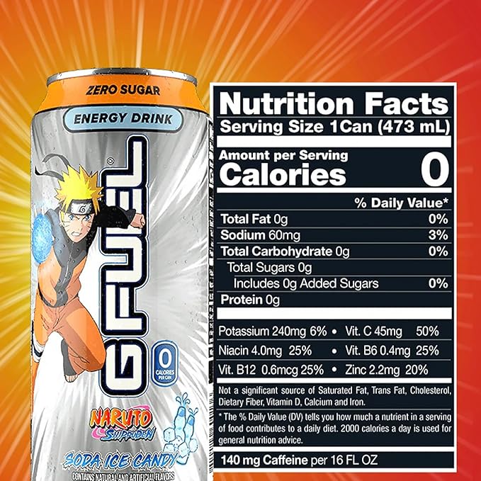 G Fuel Energy Drink, Lemon Lime Slushie, Sugar Free Beverage with 140mg Caffeine, Daily Energy Boost with Focus Amino, Vitamin + Antioxidants, 16 oz Cans (Naruto Shippuden, 12-Pack)