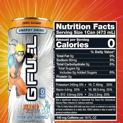 G Fuel Energy Drink, Lemon Lime Slushie, Sugar Free Beverage with 140mg Caffeine, Daily Energy Boost with Focus Amino, Vitamin + Antioxidants, 16 oz Cans (Naruto Shippuden, 12-Pack)