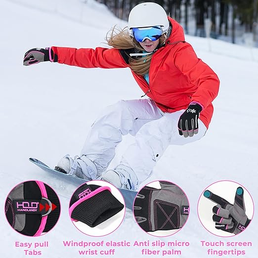 HANDLANDY Waterproof Insulated Work Gloves, 3M Thinsulate Thermal Winter Gloves for Men Women Touch Screen, Warm Ski Snowboard Cold Weather Gloves (Small, Pink)