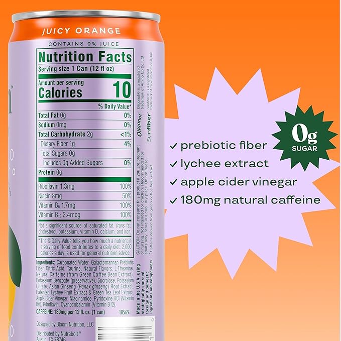 Bloom Nutrition Sparkling Energy Drink - Natural Caffeine, Zero Sugar, 180mg Caffeine - Antioxidant-Rich with Green Coffee Bean, Green Tea Extract, Prebiotics - Orange - 12oz 24 Pack