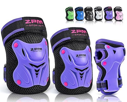 2PM SPORTS Knee Pads for Kids, Wrist Guards Knee and Elbow Pads Set with Drawstring Bag, Protective Gear Set for Girls Boys Roller Skating Cycling Skateboard - Purple Medium