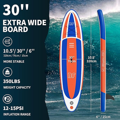 Inflatable Stand Up Paddle Board with SUP Accessories & Backpack. Paddle Boards for Adults. Non-Slip Deck, Wide Stance, Bottom Fin, Double Action Pump.