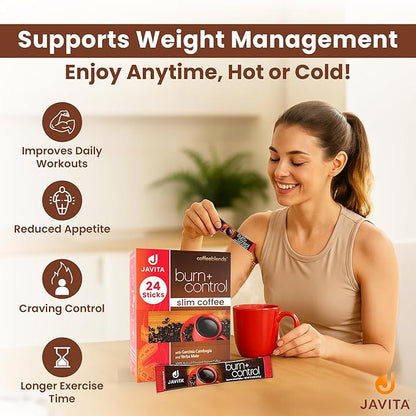 Javita Burn + Control Instant Coffee w Weight Management Herbs: Garcinia Cambogia & Yerba Mate - Slim Coffee with Help of Exercise, Keto Coffee for Diet Support, 1 box - 24 (4.55g) Sticks