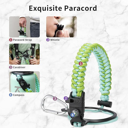 Trebo 32 oz Water Bottle Insulated with Lid and Straw, Double Wall Vacuum Stainless Steel Sports Flask with Paracord Handle, Keep Hot 24 Hours & Cold 48 Hours Water Cup with 3 Lids, Dark Green